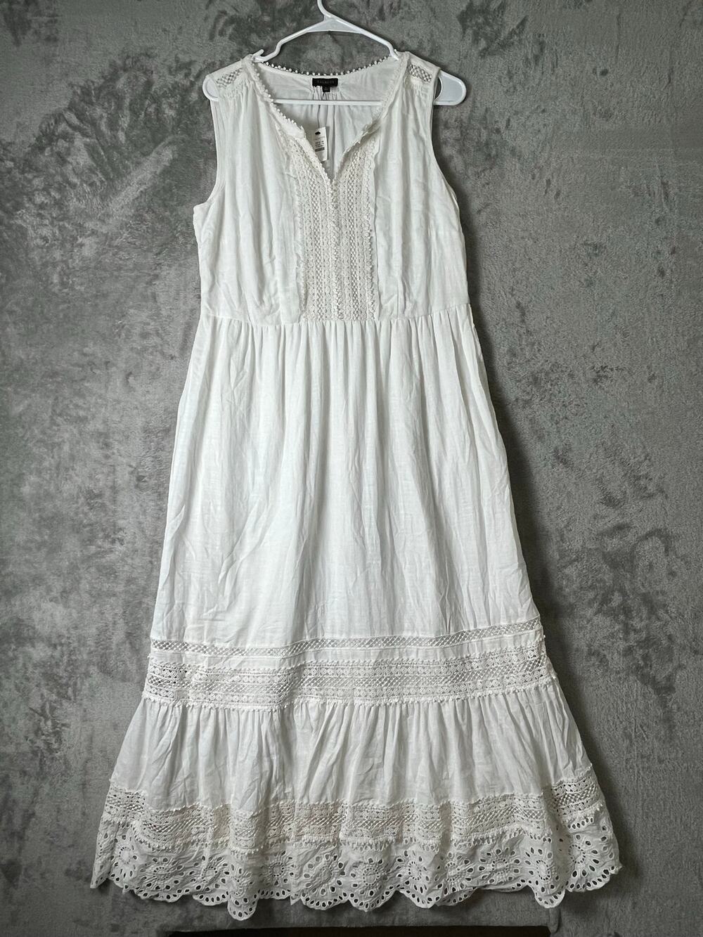 Talbots Pintucked Tiered Hem Cotton Gauze Embroidered Lace Maxi Dress Size 8 New